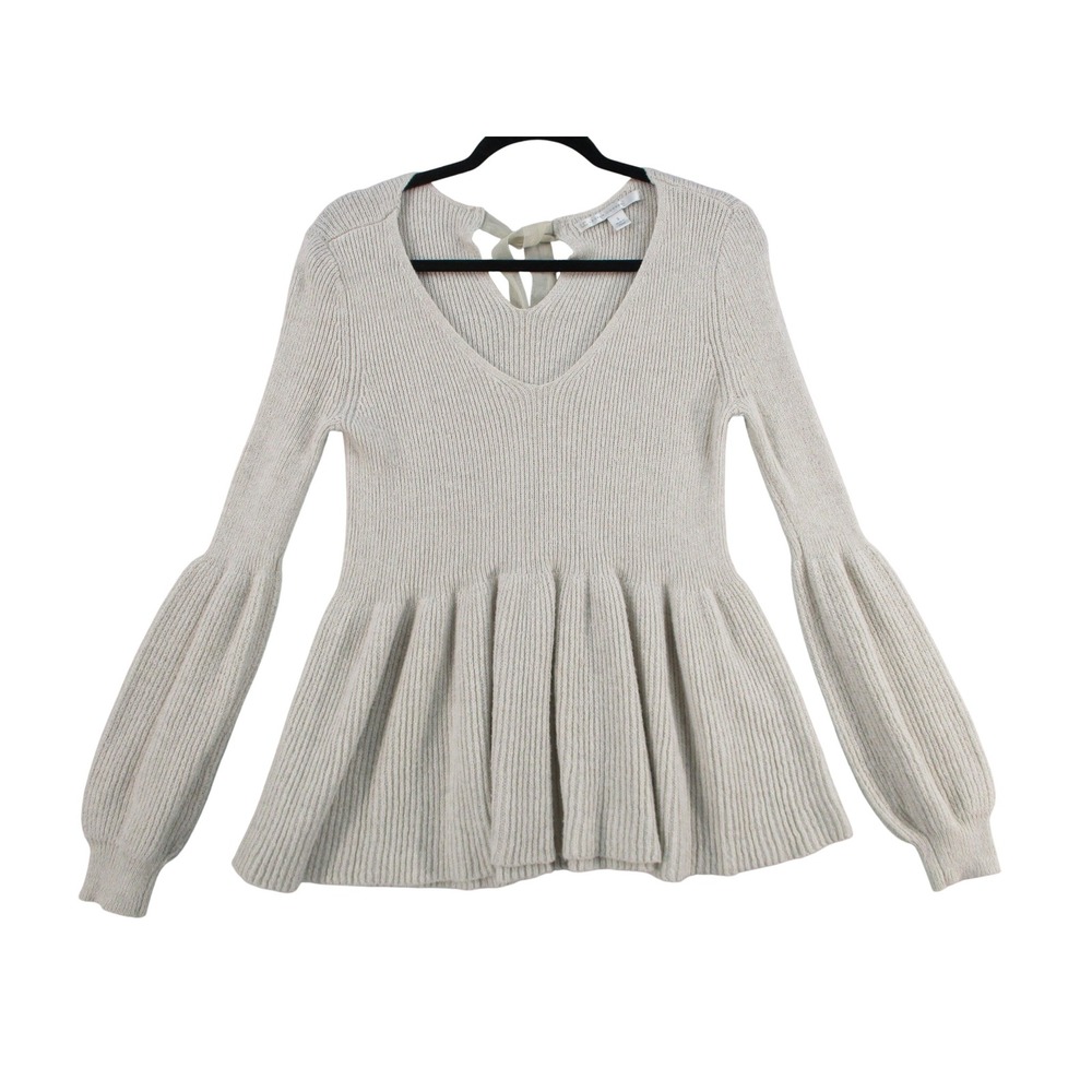 LC Lauren Conrad Womens Beige Ribbed Peplum Balloon Sleeve Tie Back Sweater S